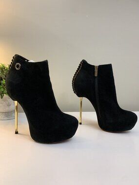 Sasha Fabiani Black Suede Platform Gold Stiletto Booties Gently Used US8.5/EU39